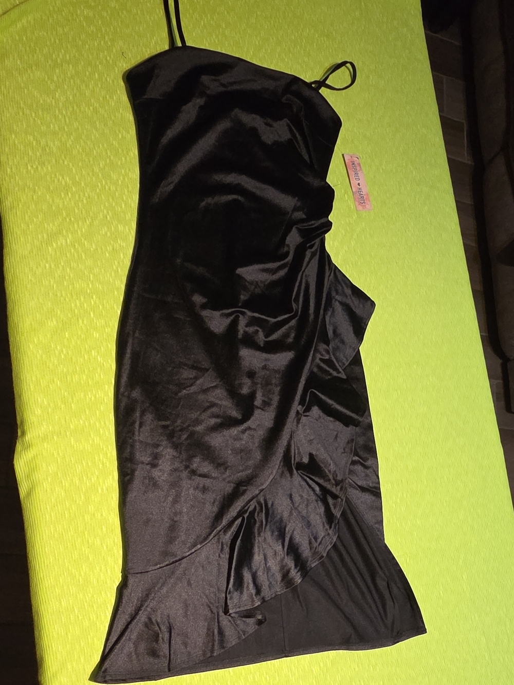 Inspired Hearts Black Satin Slip Dress with Ruffle Hem